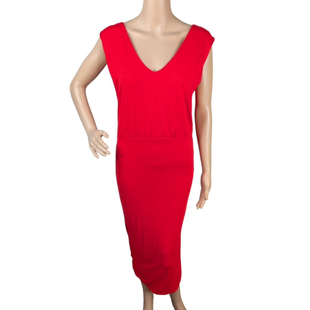 Alice + Olivia Base Red Ruched Midi Dress Small V-Neck Exposed Zip Cocktail